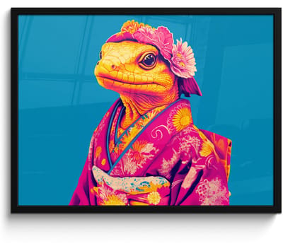 Poster in lijst - Fotolijst 70x50 cm - Posters - Bloemenkrans - Hagedis - Kimono - Paars - Posterlijst zwart - Decoratie - Wanddecoratie woonkamer - Muurdecoratie slaapkamer