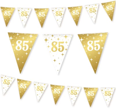 LUQ – Slinger 85 Jaar – 10m – Wit-Goud – Luxe Vlaggenlijn Verjaardag Feest Versiering – Birthday Party Décor – Glam Up