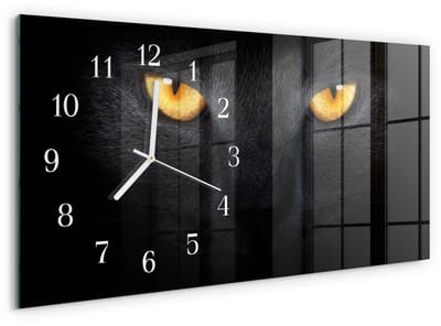 Tulup Wandklok - Kat Decoratieve Glazen Klok - 60x30 cm - Zwart Glazen Wandklok Design - Witte Handen - Rechthoekige Wandklok - Gekleurde Glazen Klok - Glazen Klok Met Print