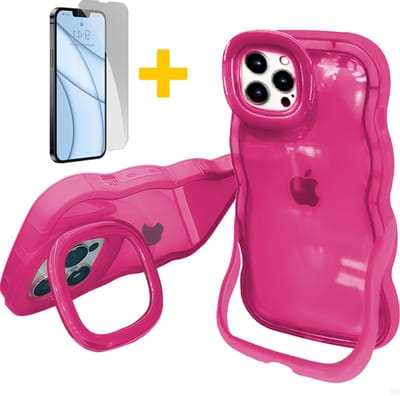 Hoesje voor iPhone 15, Dubbele Standaards Case, Wavy TPU Hose met Golfrand, Schattige Schokbestendige Hose voor Vrouwen-Transparant Design, Rood - Screenprotector