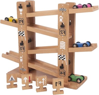 Houten Racebaan - Autobaan Speelgoed - Kinderen Vermaken - Meerlaags Ontwerp - 24.5 x 24 x 5 cm - Multicolor