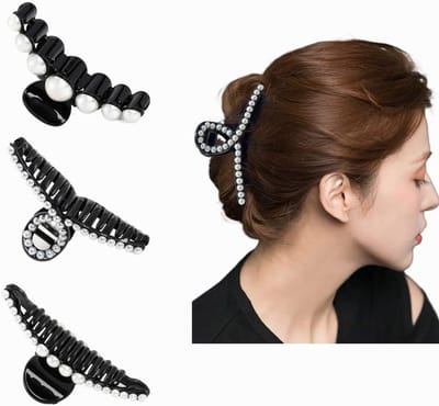 Grote Zwarte Plastic Haar Klemmen met Franse Parels - Antislip Haaraccessoires voor Dikke Haarstijlen (3 Stuks)