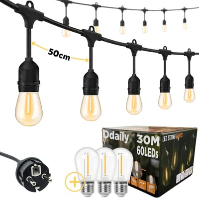 Odaily Lichtsnoer voor Buiten - 30 Meter - 60 LED Lampen - Warm Wit Licht - IP65 - Horecakwaliteit