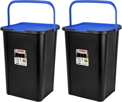 Plasticforte Recycling afvalbak - 2x - zwart/blauw - 45 Liter - afsluitbaar - 34 x 40 x 54 cm - deksel
