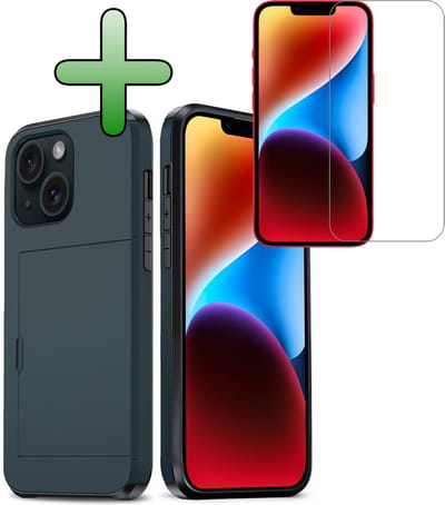 Hoes Geschikt voor iPhone 14 Hoesje Hard Case Met Pas Houder Met Screenprotector - Hoesje Geschikt voor iPhone 14 Hoes Shockproof Hard Cover Met Kaarthouder - Donkerblauw