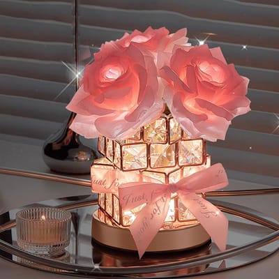 KZQ Kristallen tafellamp, oplaadbare draadloze rozenlamp, drie dimbare kleuren, romantisch LED-rozenlicht, diamantpatroon, geschikt voor slaapkamer en woonkamer, roze kamerdecoratie, Valentijnsdag- of verjaardagscadeau - roze