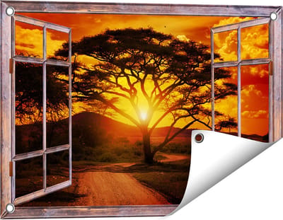 Gards Tuinposter Doorkijk Zonsondergang Achter een Savanne Boom - 60x40 cm - Tuindoek - Tuindecoratie - Wanddecoratie buiten - Tuinschilderij