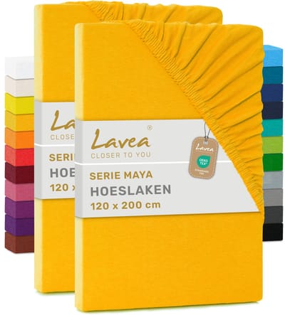 Lavea® Set van 2 Hoeslakens 120x200 cm – 100% Zacht en Ademend Katoen – voor Dikke Matrassen tot 20 cm – Jersey met Elastiek rondom – Goudgeel