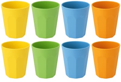 Set van 8 Kunststof Bekers – 300 ml – Onbreekbaar – 4 Kleuren (Geel, Oranje, Blauw, Groen) – Vaatwasserbestendig – Polypropyleen – Herbruikbaar