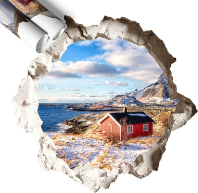 Wallfluent 3D Muursticker - Winterlandschap 3D Wandsticker Gat In De Muur - 60x57 cm - Wit 3D Sticker Gat In Stenen Muur - 3D Sticker Optische Illusie Gat - Zelfklevende Muursticker 3D Gat - Zelfklevende 3D Wandsticker Illusie
