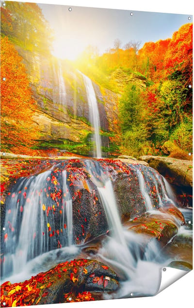 Gards Tuinposter Waterval in de Herfst Kleuren - 120x160 cm - Tuindoek - Tuindecoratie - Wanddecoratie buiten - Tuinschilderij