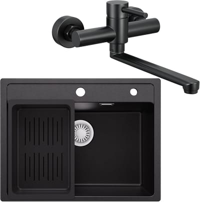 Anycee Max Granieten Spoelbakken (60x46CM) - Spoelbak Keuken Met Keukenkraan Wandmontage - Wasbak Keuken Met Waterafvoersysteem en Afdruiprek - Zwart