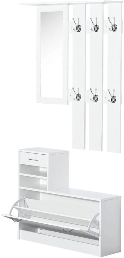 Roossentials halmeubel - Multifunctioneel meubilair hal - Spiegelrek - Met schoenenrek - Met haken, lade en opbergruimte - Kapstok - Wit