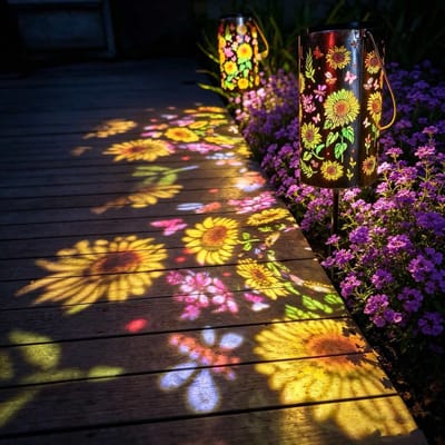 LISM-Twee kleurrijke, op zonne-energie werkende, waterdichte decoratieve tuinlampen in de vorm van een zonnebloem, verkrijgbaar als hanglamp en tafelmodel, met geprojecteerde patronen, Geschikt voor terrassen, patio's en balkons (zonnebloem).