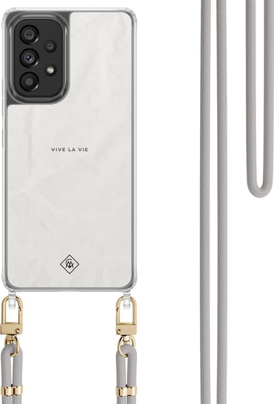 Casimoda® hoesje met koord - Geschikt voor Samsung A53 - Vive La Vie - Afneembaar koord - TPU/polycarbonaat - Grijs