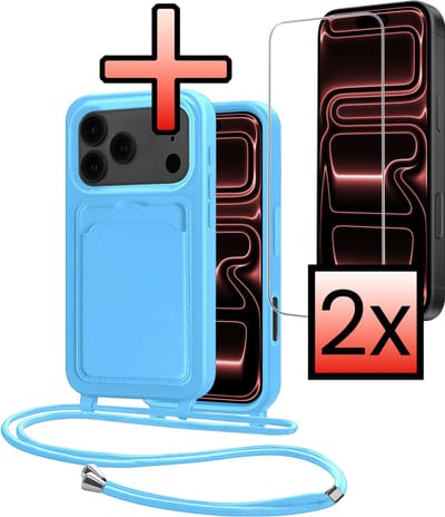 Hoes Geschikt voor iPhone 17 Pro Max Hoesje Pasjeshouder Cover Met Koord Case Siliconen Hoes Met Telefoonkoord en Kaarthouder Met 2x Screenprotector - Lichtblauw