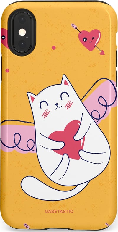 Casetastic Hoesje Geschikt voor Apple iPhone X/Xs - Stijlvolle Beschermende Duo-layer Case - Kattenflirt Geel Rode Hartjes Liefde