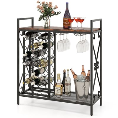 COSTWAY Wijnrek voor 21 flessen, vrijstaand flessenrek met glashouder en tafelblad, wijnstandaard metaal, flessenhouder voor keuken, eetkamer, bar, 93 x 38 x 102 cm, vintage
