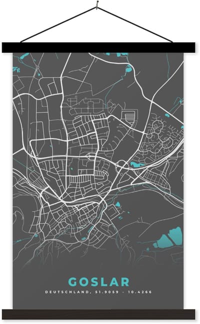 Posterhanger incl. Poster 40x60 cm - Schoolplaat - Blauw – Duitsland – Plattegrond – Stadskaart – Kaart – Goslar - Textielposter - Zwarte latten - Stadskaart