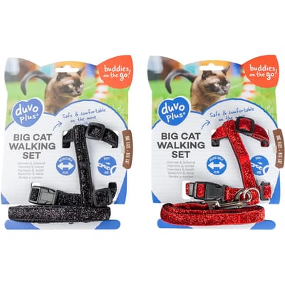 Duvoplus - Uitlaatriem Voor Dieren - Kat - Kat Wandelset Glitter 20-35cm / 10mm - 125cm Zwart/rood - 1st