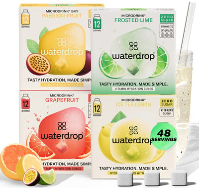 waterdrop® Microdrink Tropical Set – 48 hydratatieblokjes voor water met fruitsmaak - Grapefruit, Limoen, Passievrucht & Ice Tea Citroen– Zonder suiker, met vitamine B+C & vegan
