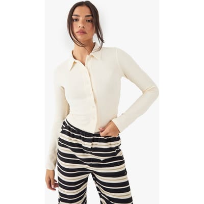 Dames DSGN Studio Doorknoop Blouse met Kraag en Getailleerde Pasvorm | Cream | Maat: XL