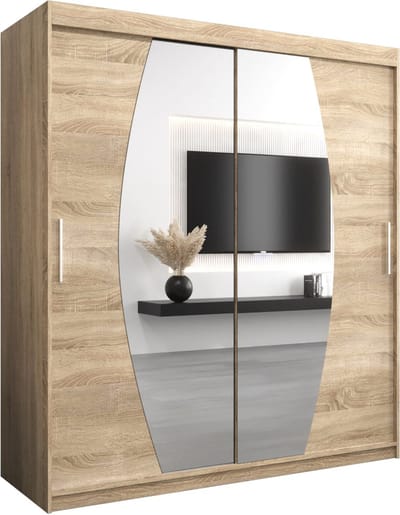InspireMe - Kledingkast met 2 schuifdeuren, Modern-stijl, Een kledingkast met planken en een spiegel (BxHxD): 180x200x62 - GLOBE 180 Sonoma Eik met 4 lades
