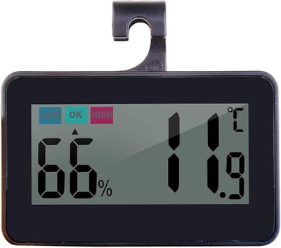 Klein geijkt digitale koelkastthermometer, temperatuursensor, thermometer, binnentester, vriesthermometer met gemakkelijk afleesbare lcd-display, digitale hydrometer, vocht (zwart)