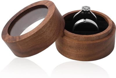 Ronde Houten Ringdoos van Walnoot met Doorzichtig Venster voor Trouwringen, Verloving en Sieradenopslag, 5 x 3,5 cm, 2 Slots