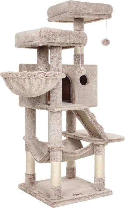MAZAZU - Krabpaal - Kattenhuis - Kattenboom - Katten - Taupe - Beige - Met Hangmat, Ligmand & Loopbrug - Zacht Pluche 49x49x135