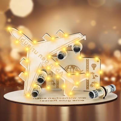 Houten Geldgeschenk Vliegtuig - Geldverpakking Cadeau - Reisbesparing Presenteren - Met LED Verlichting - 24 cm x 12 cm - Houtkleur