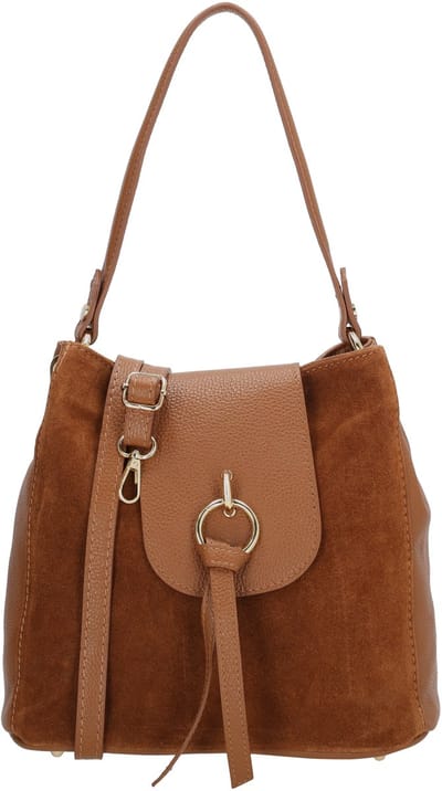 Charm London Mariëlle Schoudertas - Shopper - Suede en Leer - Overslag - Ritssluiting - Verstelbare Band - Dames - Leren Dames Tas - Cognac
