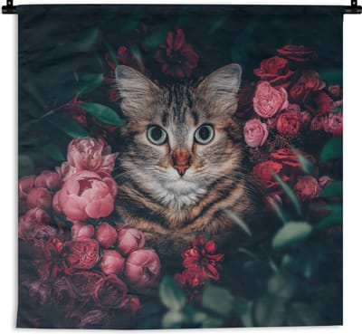 Wandkleed - Wanddoek - Kat - Bloemen - Dieren - Botanisch - 180x180 cm - Wandtapijt