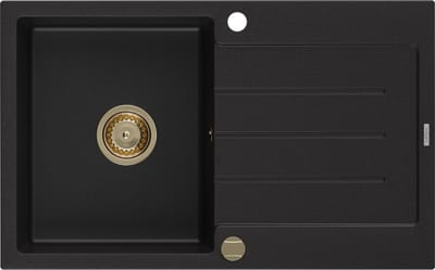 Mexen Bruno granieten spoelbak 1-kompartiment met afdruiprek 795 x 495 , zwart, gouden sifon - 6513791010-77-G