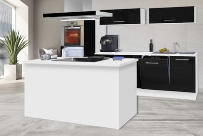 Eilandkeuken 310 cm - complete keuken met apparatuur Amanda - Wit/Zwart - soft close - keramische kookplaat - vaatwasser - afzuigkap - oven - spoelbak