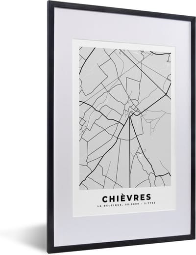 Fotolijst incl. Poster Zwart Wit- Stadskaart – Zwart Wit - Kaart – Chièvres – België – Plattegrond - 40x60 cm - Posterlijst