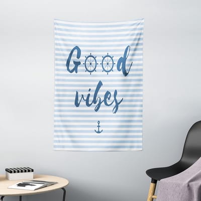 ABAKUHAUS Good Vibes Tapijt, Nautische Maritime, Woonkamer Slaapkamer Wanddoek Zijdezacht Satijn Wandtapijt, 100 x 150 cm, Middernachtblauw Babyblauw