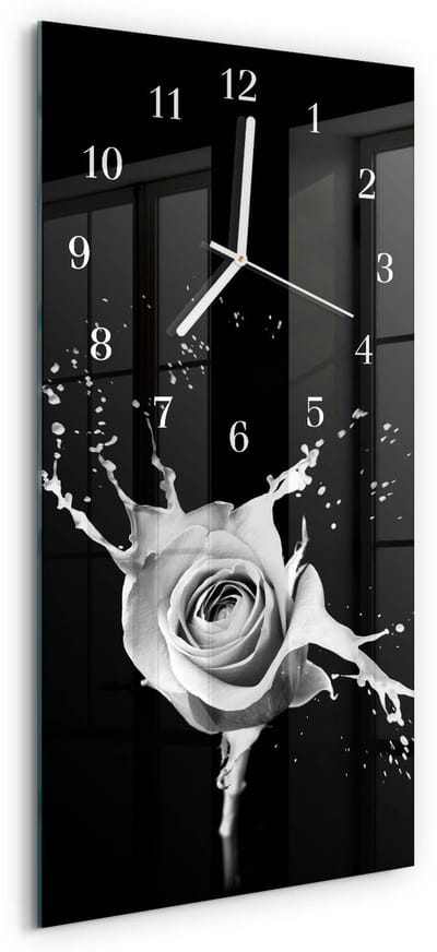 Tulup Wandklok - Roos Decoratieve Glazen Klok - 30x60 cm - Zwart Glazen Wandklok Design - Witte Handen - Rechthoekige Wandklok - Wandklok Glas Met Motief - Decoratieve Glazen Klok