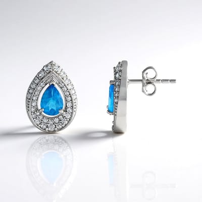 Cavill - Oorbellen 925 Sterling Zilver Geplatineerd - Neon Blauwe Apatiet 2,5 Ct & Zirkonen - Elegante Druppelvorm - Edelsteen Sieraden