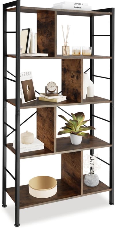 tectake® Wandkast – Boekenkast met 4 Niveaus – Industriële Houten Boekenkast met Zwart Metaal Frame – 155 x 74 x 30 cm – Open Opbergmeubel voor Woonkamer, Slaapkamer & Kantoor - donkerbruin
