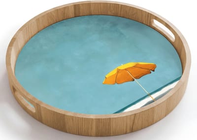 Dienblad rond 40x40 cm - Schootdienblad hout - Parasol - Geel - Strand - Zee - Borrelplank rechthoek - Plateau houten dienbladen