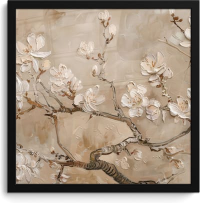 Poster in lijst - Fotolijst 40x40 cm - Posters - Bloemen - Modern - Beige - Wit - Bloesem - Posterlijst zwart - Decoratie - Wanddecoratie woonkamer - Muurdecoratie slaapkamer