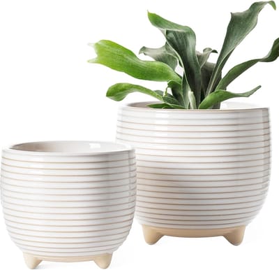 Famanu - Keramische plantenpotten, 12 + 16 cm voetpotten voor planten, moderne bloempotten voor thuis en op kantoor, binnenplantenbakken met afvoer, reactief glazuur wit