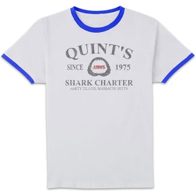 Jaws Quint's Shark Charter Unisex Ringer T-Shirt - White/Navy - M