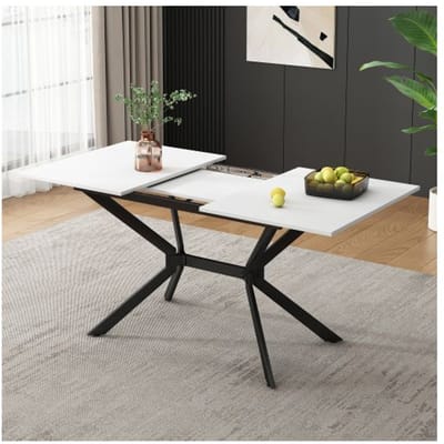 Table à rallonge blanche MUVOE 120–160 × 80 cm, pieds métal noir — 4 à 6 places, plateau MDF