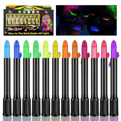 Kleurrijke UV Body Paint met 12 Neon Kleuren, Wasbare Fluorescente Make-up Potloden voor Halloween en Carnaval