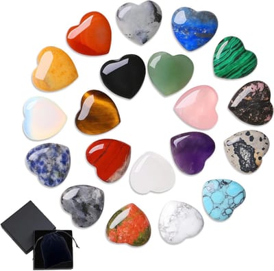 Set van 20 Hartvormige Geneesstenen, Kleurrijke Kristallen voor Meditatie en Yoga, Gepolijste Geluksstenen voor Reiki en Chakra, Ideaal voor Kinderen en Verzamelaars, Inclusief Cadeaubox met Fluwelen Zakje