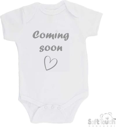 100% katoenen Romper met Tekst "Coming soon" - Wit/grijs - Zwangerschap aankondiging - Zwanger - Pregnancy announcement - Baby aankondiging - In verwachting 56/62