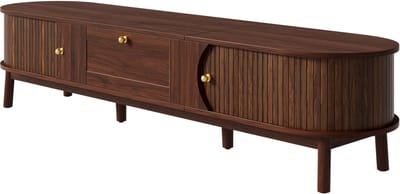 Moderne tv-standaard van massief hout met lades, klassieke afgeronde hoeken, stevige houten poten en opbergruimte voor de woonkamer.