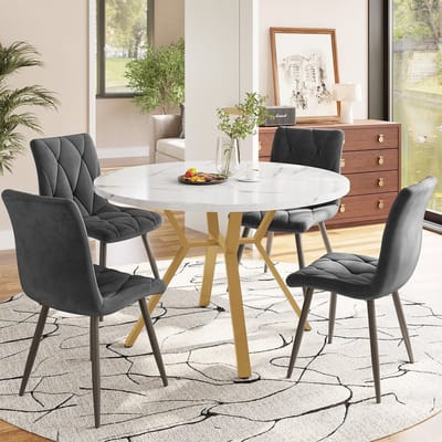 MIVRAY Eettafelset - Ronde Tafel Met Marmerlook En 4 Fluwelen Stoelen - Modern Voor Eetkamer En Keuken - MDF Metaal - Goud Grijs